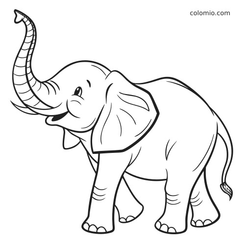 Um filhote de elefante em pé, sozinho, com a tromba levantada, em desenho simples de contorno estilo cartoon.