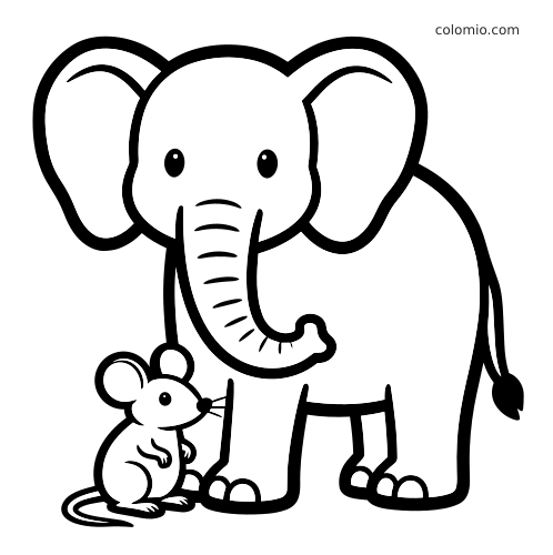 Um elefante em estilo cartoon está em pé ao lado de um pequeno rato em um desenho para colorir em preto e branco.