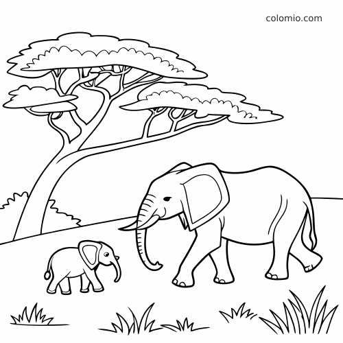 Um elefante adulto e um filhote caminham na savana, sob uma árvore grande de copa achatada, em desenho simples.