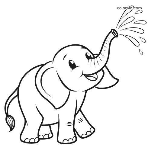 Um elefante em estilo filhote sorri com olhos grandes e espirra água pela tromba levantada em um desenho de contorno.