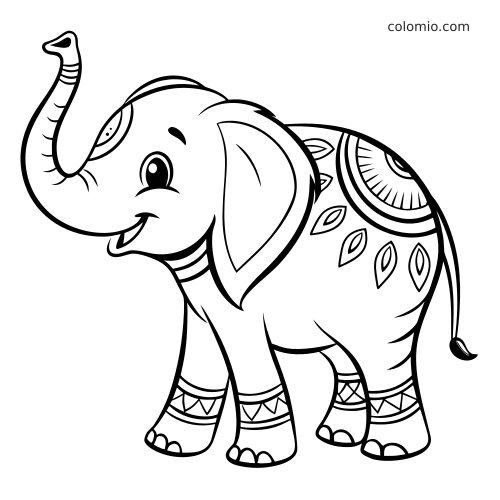 Filhote de elefante com a tromba levantada e padrões decorativos de estilo indiano nas costas e nas pernas.