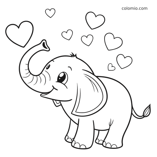 Um elefante em estilo cartoon com a tromba levantada, cercado por vários corações flutuando em contorno preto e branco.