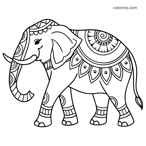 Elefante decorado visto de lado, com padrões ornamentais de estilo de templo na cabeça, nas costas, nas pernas e na tromba.