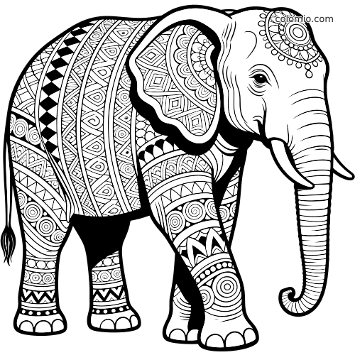 Elefante em preto e branco visto de lado, com o corpo preenchido por padrões zentangle detalhados e faixas geométricas.