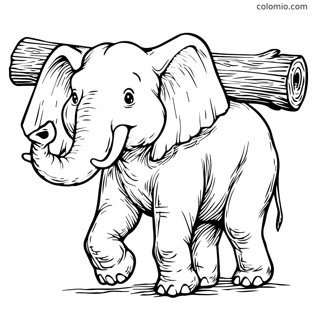 Wesoły słoń niosący pień na plecach, idealny do kolorowania dla dzieci.