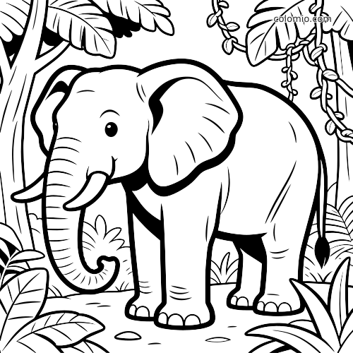 Close de um elefante em pé na selva, cercado por folhas grandes, plantas densas e cipós pendurados.