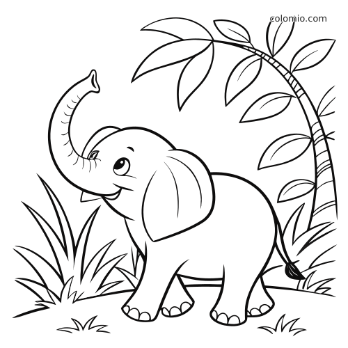 Um filhote de elefante na selva aparece com a tromba erguida ao lado de uma árvore curvada e folhas grandes, em estilo simples.
