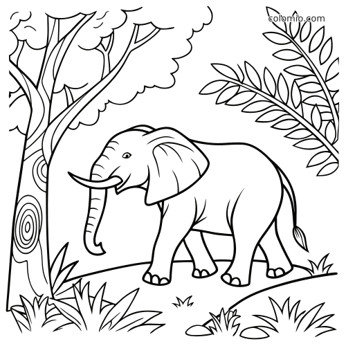 Um elefante simples está em uma clareira na selva, ao lado de uma árvore, com galhos cheios de folhas e grama ao redor.