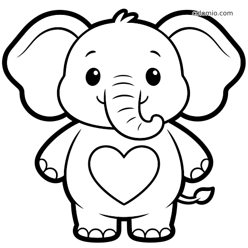 Elefante kawaii visto de frente, com orelhas grandes e um coração na barriga, desenhado com contornos pretos simples.