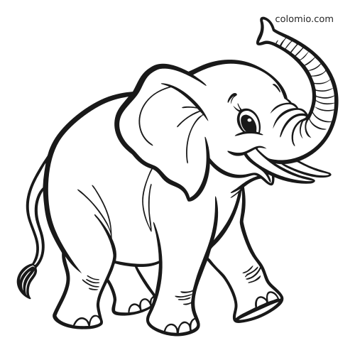 Um filhote de elefante sorrindo, visto de lado, sozinho, com a tromba levantada em arte de linha preta e branca.