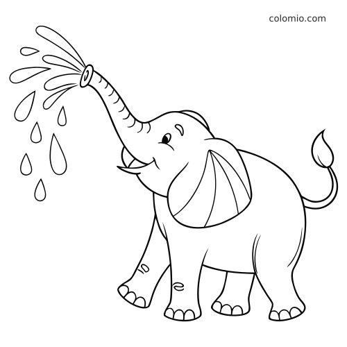 Um elefante em estilo cartoon está em pé com a tromba levantada, soltando jatos e gotas de água em contorno preto e branco.