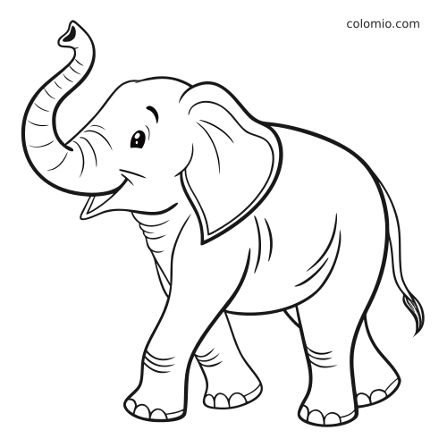 Um elefante simples em contorno de desenho animado, com a tromba levantada e sem padrões decorativos.