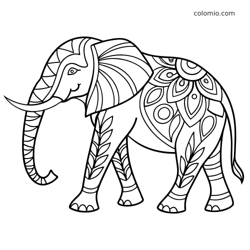 Svartvit elefant med indiskt inspirerade zentanglemönster, stort dekorativt öra och blommiga motiv på kroppen.