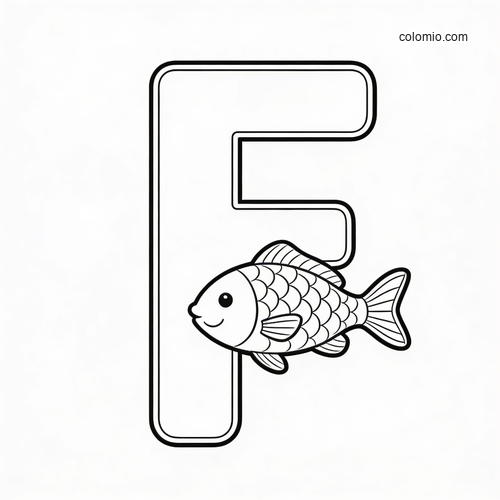 En stor versal bokstav F med en leende tecknad fisk som överlappar den nedre mitten, ritad med enkla svarta konturer. En stor versal bokstav F med en leende tecknad fisk som överlappar den nedre mitten, ritad med enkla svarta konturer.
