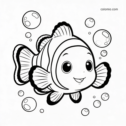 En liten clownfisk i porträttstil framifrån med stora ögon, leende ansikte, randiga fenor och bubblor runt omkring. En liten clownfisk i porträttstil framifrån med stora ögon, leende ansikte, randiga fenor och bubblor runt omkring.
