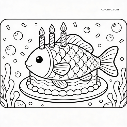 En målarbild i placeringsunderläggsstil med en fiskformad födelsedagstårta, tre ljus, bubblor och sjögräs. En målarbild i placeringsunderläggsstil med en fiskformad födelsedagstårta, tre ljus, bubblor och sjögräs.