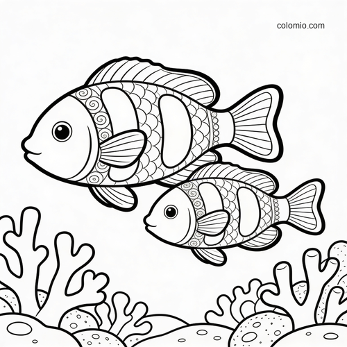 En större fisk och en mindre yngelfisk simmar ovanför koraller och stenar i en enkel svartvit revscen. En större fisk och en mindre yngelfisk simmar ovanför koraller och stenar i en enkel svartvit revscen.