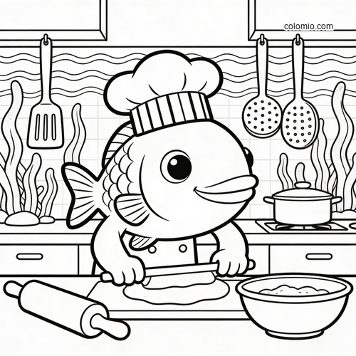 En tecknad fisk med kockmössa kavlar deg i ett undervattenskök med sjögräs, köksredskap, en kastrull och en bunke. En tecknad fisk med kockmössa kavlar deg i ett undervattenskök med sjögräs, köksredskap, en kastrull och en bunke.