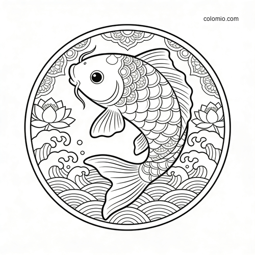 Svartvit målarbild av en koi-karp i en cirkelformad mandala med lotusblommor, vågor och detaljerade fjäll. Svartvit målarbild av en koi-karp i en cirkelformad mandala med lotusblommor, vågor och detaljerade fjäll.
