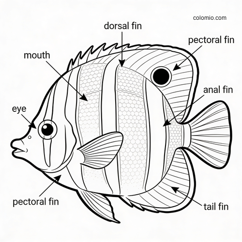 Svartvit målarbild som visar en tropisk fisk i profil med etiketter för öga, mun samt rygg-, bröst-, anal- och stjärtfena. Svartvit målarbild som visar en tropisk fisk i profil med etiketter för öga, mun samt rygg-, bröst-, anal- och stjärtfena.