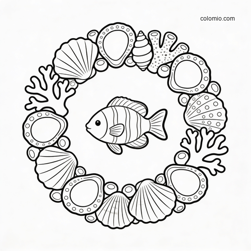En enkel svartvit fisk i mitten av en rund krans med snäckor, koraller och mjuka former från havet. En enkel svartvit fisk i mitten av en rund krans med snäckor, koraller och mjuka former från havet.