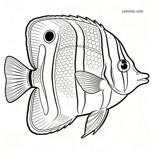 Svartvit linjeteckning av en realistisk tropisk fisk i sidoprofil, med randiga fenor, fjäll och tydliga kroppsmönster. Svartvit linjeteckning av en realistisk tropisk fisk i sidoprofil, med randiga fenor, fjäll och tydliga kroppsmönster.