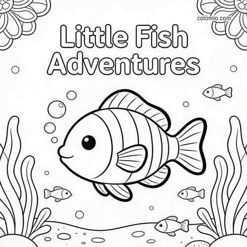Svartvit framsida till en sagobok med en stor fisk, små fiskar, bubblor och sjögräs under titeln Little Fish Adventures. Svartvit framsida till en sagobok med en stor fisk, små fiskar, bubblor och sjögräs under titeln Little Fish Adventures.