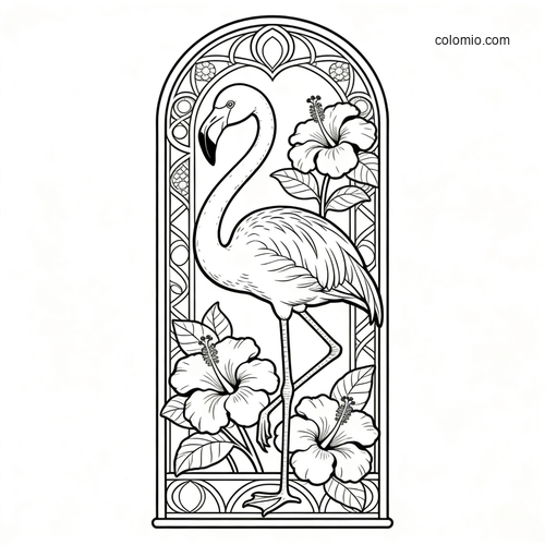 En elegant flamingo i jugendstil innrammet av hibiskusblomster. En elegant flamingo i jugendstil innrammet av hibiskusblomster.