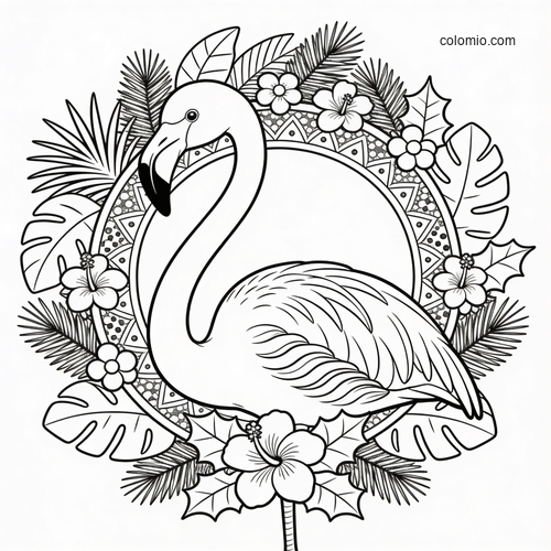En festlig flamingo med en tropisk julekrans. En festlig flamingo med en tropisk julekrans.