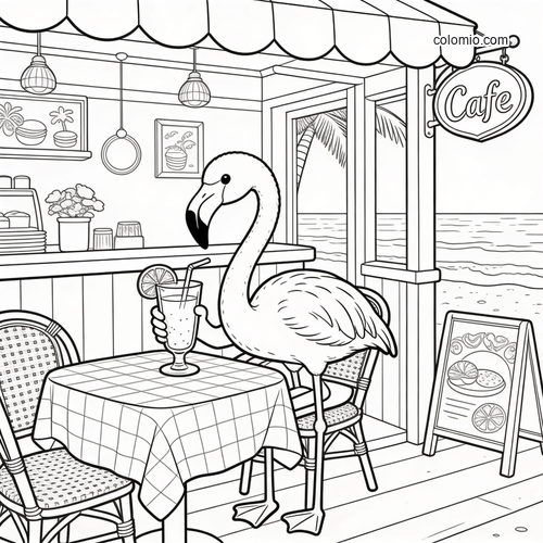 En avslappet flamingo nyter en drink på den koselige strandkafeen. En avslappet flamingo nyter en drink på den koselige strandkafeen.