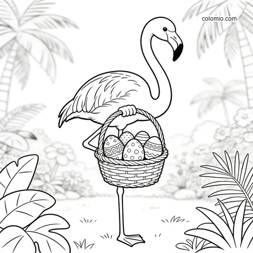 En festlig flamingo vokter fargerike påskeegg. En festlig flamingo vokter fargerike påskeegg.