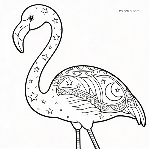 En drømmende himmelsk flamingo omgitt av stjerner og måner. En drømmende himmelsk flamingo omgitt av stjerner og måner.