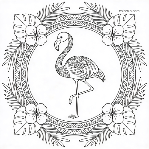 En flamingo i midten av en tropisk mandalaring. En flamingo i midten av en tropisk mandalaring.