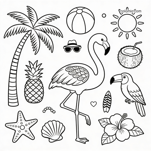 Flamingoer feirer en tropisk fest med girlandere og frukt. Flamingoer feirer en tropisk fest med girlandere og frukt.