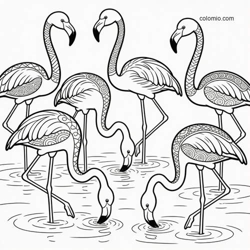 En flokk flamingoer vasser sammen i grunt vann. En flokk flamingoer vasser sammen i grunt vann.