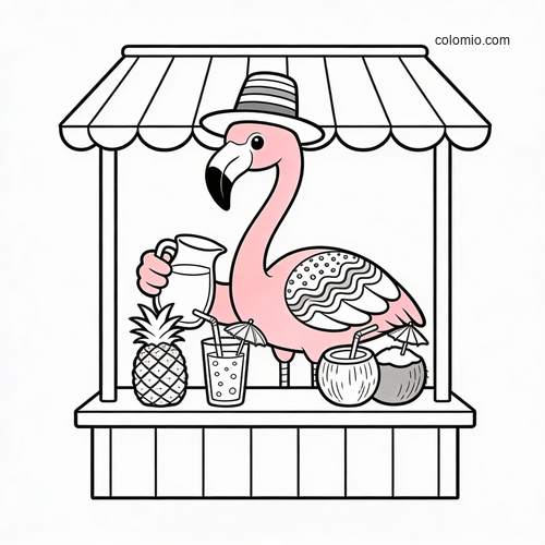 En blid flamingo selger fruktsmoothier ved boden sin. En blid flamingo selger fruktsmoothier ved boden sin.