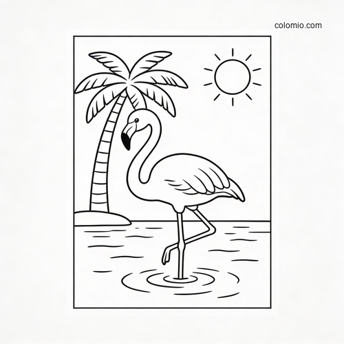 En enkel flamingo med vann, palme og sol for små barn. En enkel flamingo med vann, palme og sol for små barn.