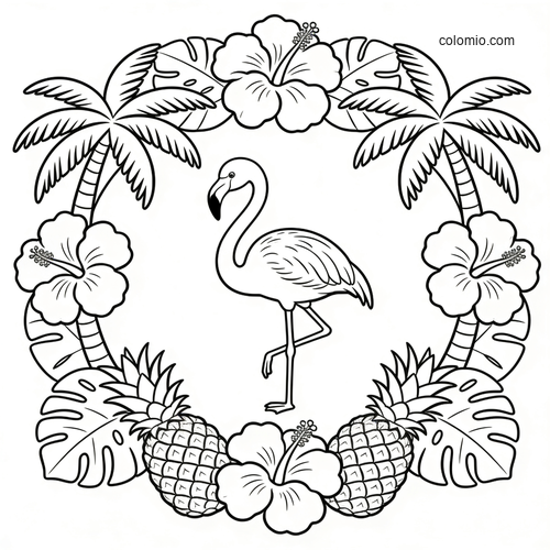 En flamingo i en frodig tropisk krans av blader og blomster. En flamingo i en frodig tropisk krans av blader og blomster.