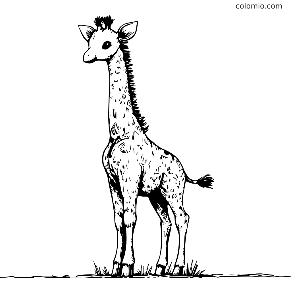 En søt baby-giraff som står på gress, omrisset for fargelegging. Perfekt for barneaktiviteter.