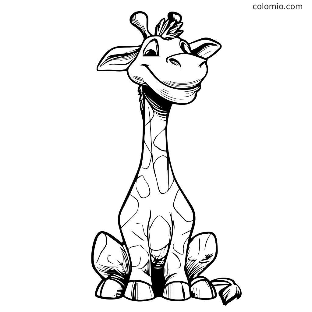 Uma girafa em estilo de desenho animado sentada, sorrindo com grandes olhos, perfeita para atividades de colorir.