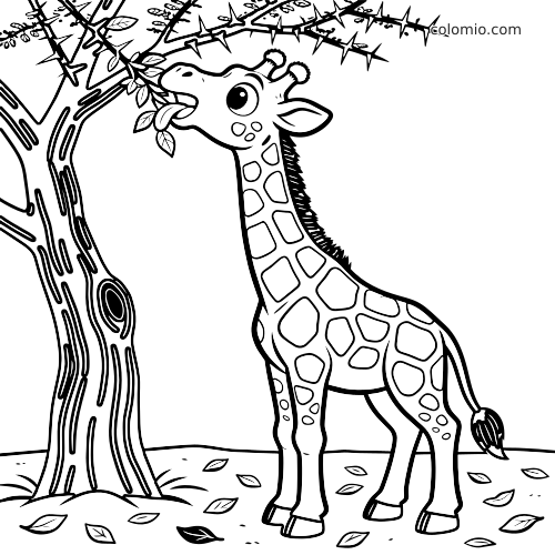 Rysunkowa żyrafa stoi obok ciernistej akacji i wyciąga szyję, aby zjeść liście z nisko zwisającej gałęzi.