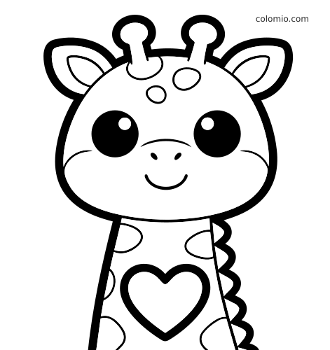 Portret żyrafy w stylu kawaii z dużymi okrągłymi oczami, małymi różkami, cętkami i sercem na piersi.