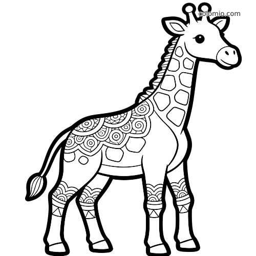 Stojąca żyrafa z prostymi wzorami zentangle na grzbiecie i nogach, narysowana grubym czarnym konturem.