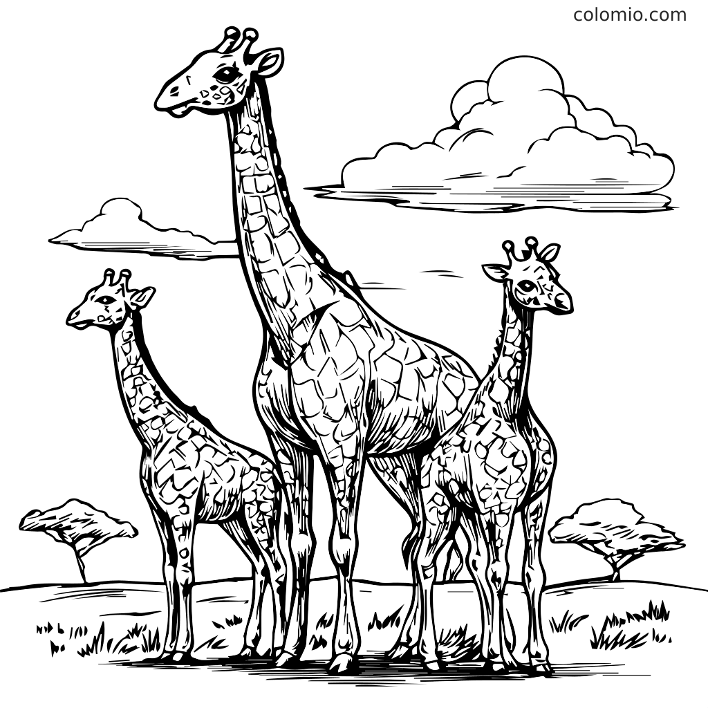En färgläggningssida med en familj av giraffer som står tillsammans i ett grönskande landskap med moln.