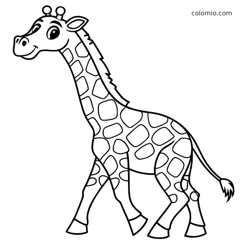 Uśmiechnięta żyrafa w stylu kawaii z dużymi oczami, pokazana podczas chodzenia jako prosty czarno-biały kontur.