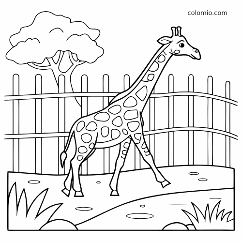 Prosta rysunkowa żyrafa stoi na wybiegu w zoo, za nią widać ogrodzenie, drzewo, kamienie i trawę.