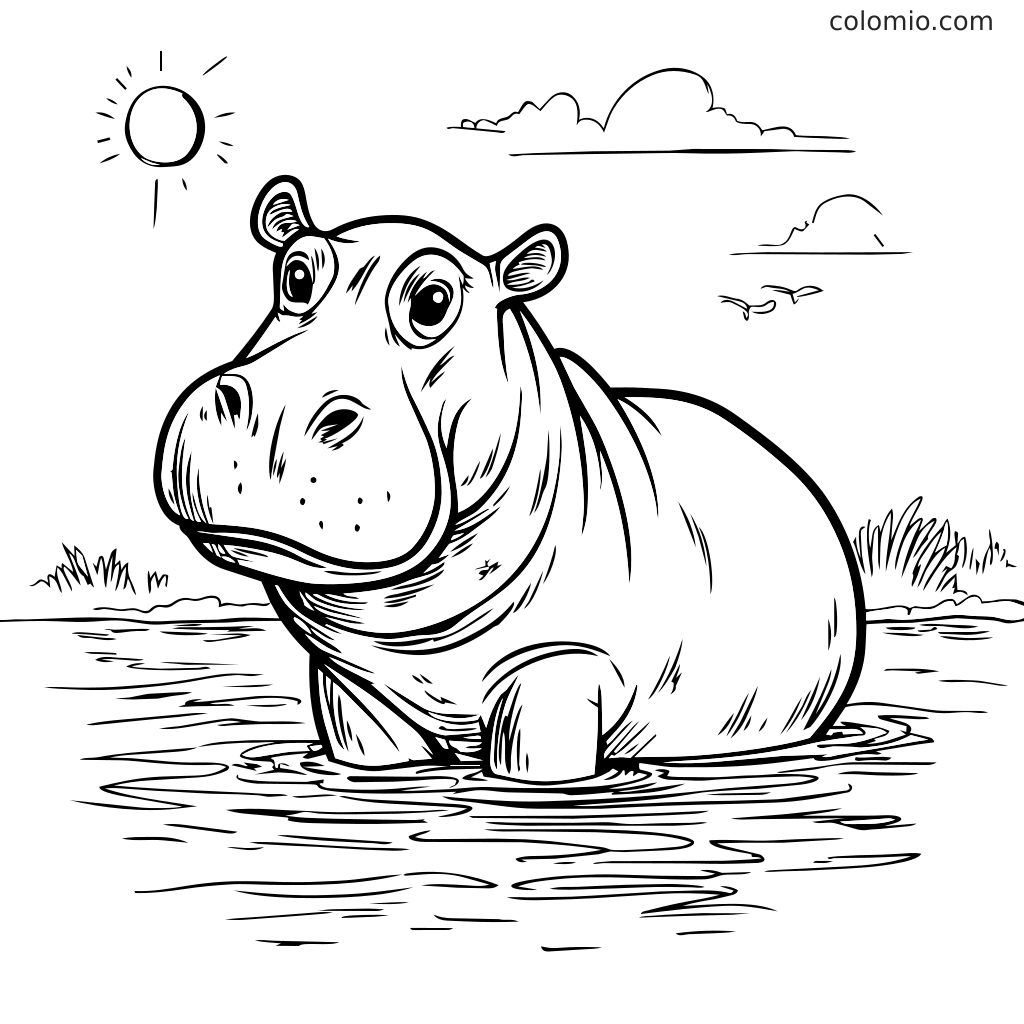 En sød flodhest står i vandet under en solrig himmel med skyer, klar til at farvelægge.