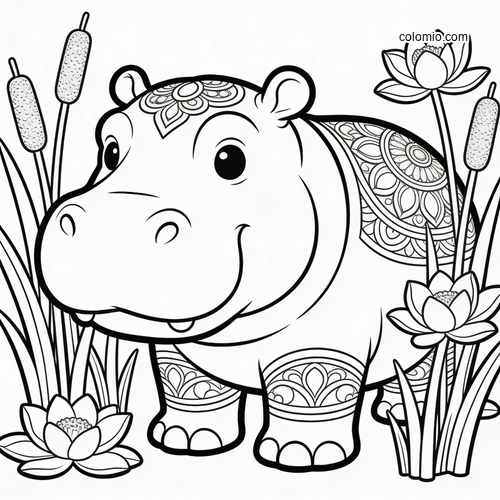 A cute smiling hippo with Art Nouveau patterns on its body, standing among reeds and blooming water lilies.