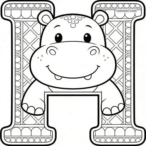 A big decorative letter H with a smiling cartoon hippo centered in front, drawn in bold black outlines for coloring.