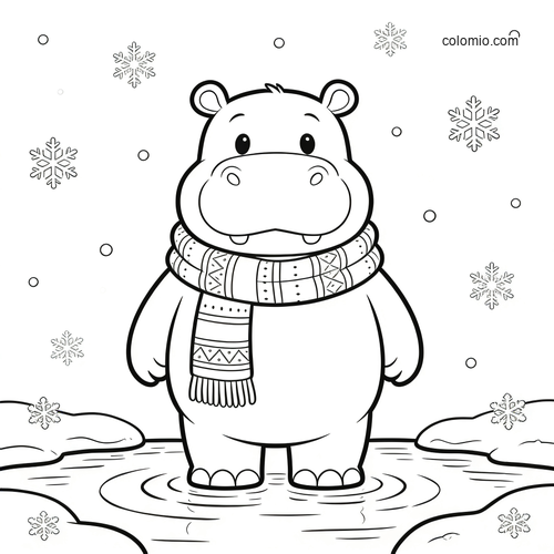 A cute cartoon hippo wearing a patterned scarf stands in shallow water by a snowy riverbank with falling snowflakes.